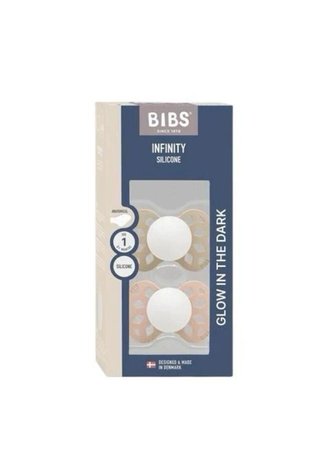 BIBS Pacifier Infinity 2 PACK Anatomical Silicone Size 1 Vanilla GLOW/Blush GLOW - Image 2
